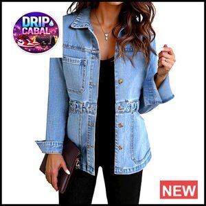 Oversized Distressed Denim Jacket Shacket with Pockets Recycled Material